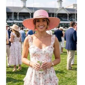 Jacobson Pink Wide Brim Straw Sun Hat Colorful Braided Tassel Kentucky Derby